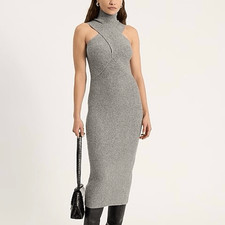 Express grey Cross Funnel Neck Sleeveless Midi Sweater Dress stretch sz S NWT