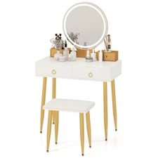 Vanity Table Set with Mirror, Makeup Desk & Stool with 3-Color Adjustable White