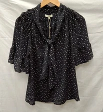 Max Studio Women's Black  Size S Dot Pattern Puff Sleeve Necktie Detail Blouse