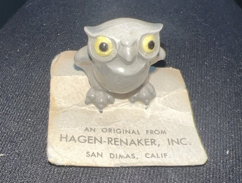 Vintage Retired Hagen Renaker Miniature Baby Gray Owl On Card
