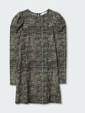 Mango Women’s 10 Black/White Geometric Shift Mini Round Neck Long Puff Sleeve