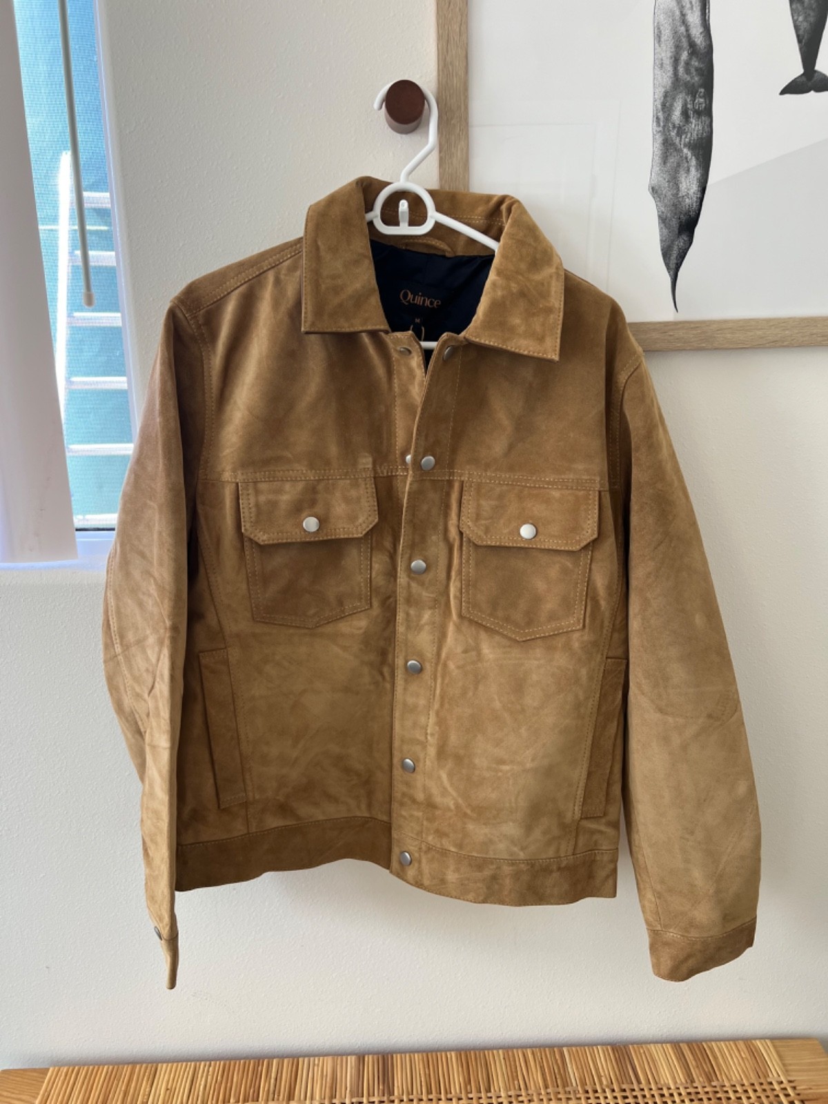 QUINCE MEDIUM Italian Suede Trucker Jacket Cognac- NWT Minor Defects