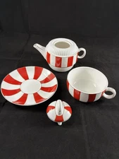 Grace Teaware ‘Tea for One’ Red Carousel/Peppermint Stripes Porcelain Gold Trim