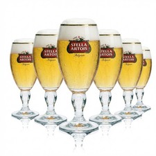6x Stella Artois Bier Glas 0,25l Pokal Cup Tulpe Goldrand Designstiel Gl&auml;ser Bar