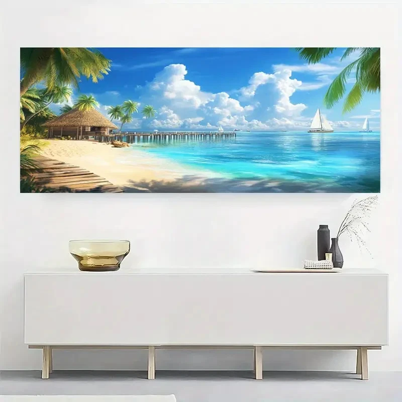 Panoramic Tropical Beach Ocean Palm Trees Canvas Wall Art Home Décor Picture