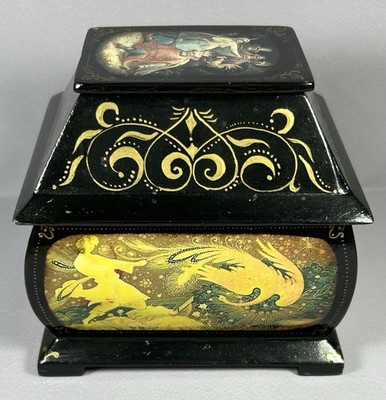 Vtg Russian Lacquer Trinket Box 2 Hinges Tiers Decoupage Bird Horse Warrior