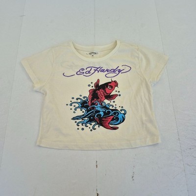 Ed Hardy T-Shirt XL Creme Damen Baumwollmischung Kurzarm Cropped Grafikdruck