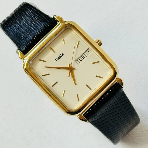 Vintage Timex Day/Date Men's Dress Tank Watch Gold Black Leather 1992 86