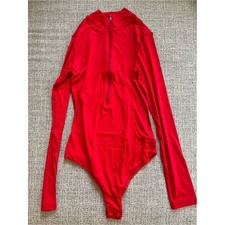 Long-Sleeve Small Red Zip-Front Women's Bodysuit