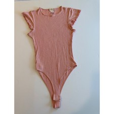 Altar'd State Pink Ribbed Flutter Sleeve Bodysuit Crew Neck Ruffle Trim S