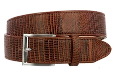 Cognac Leather Cowboy Belt Teju Lizard Pattern Silver Buckle Cinto Vaquero