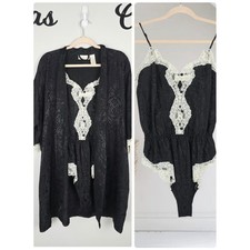 Vintage Delicates Black Lace-Trim Teddy Rob Two-Piece Lingerie Set Size Small