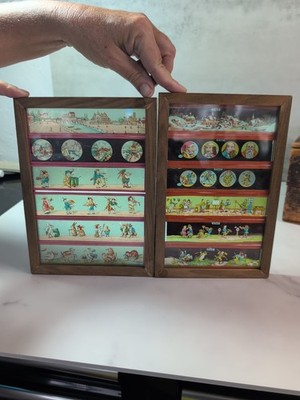 Antique Magic Lantern Kerosene Projector & 12 Glass Slides in Wooden Box
