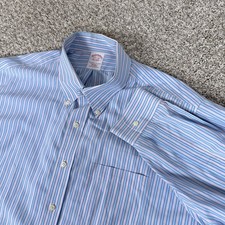 Brooks Brothers Shirt Mens 17.5 34 Blue Pink Stripe Non-Iron Cotton Button Down