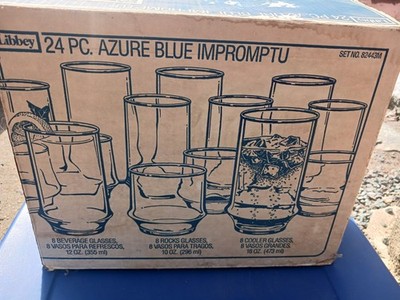24 Piece Azure Blue Impromptu Vintage Libbey Glass Tumblers Set. Never Used