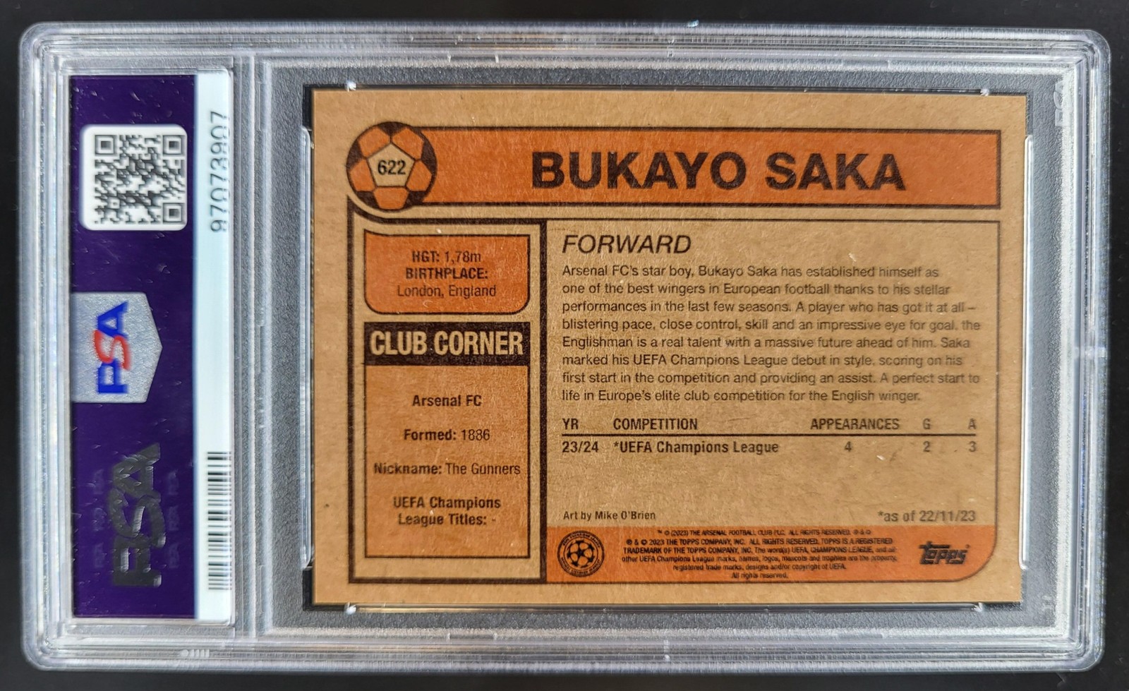 2023 Topps Living UEFA Club Competitions Bukayo Saka #622 PSA 9 Arsenal FC BM8 view 2