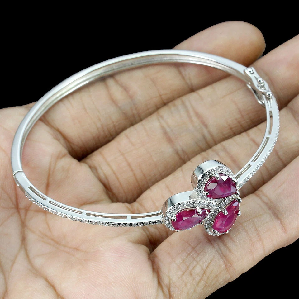 925 Sterling Silver Bangle Pear Ruby 9x6mm Simulated Cz Natural Gemstone Jewelry - Image 3 of 4