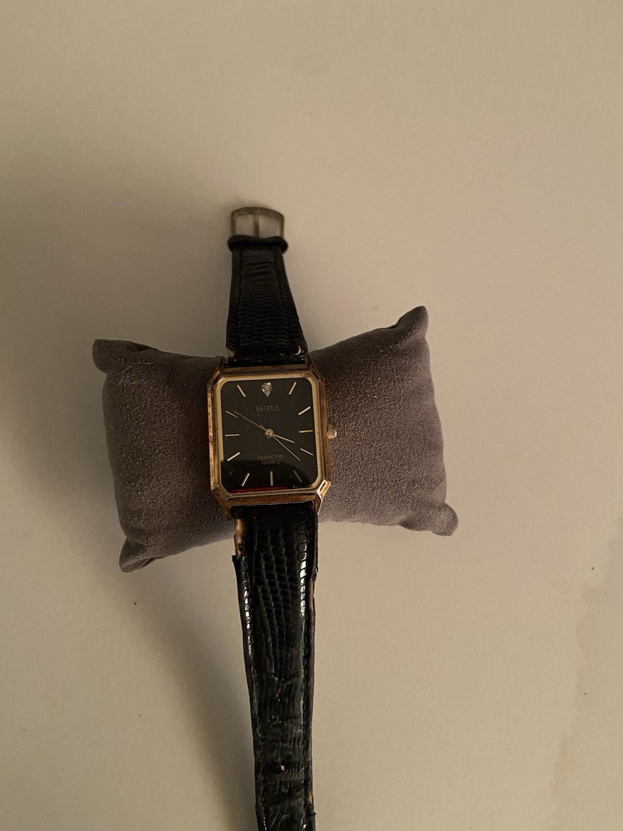 Men's Benrus Diamond Quartz Watch,Black Dial W/Black Leather Band