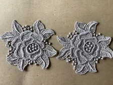 8 PCS GORGEOUS HEAVY SILVER METALLIC FLORAL VENISE APPLIQUE