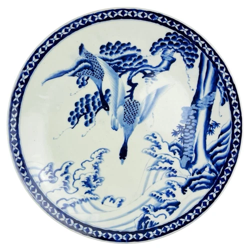Antique Japanese Arita Platter Charger Plate Blue & White Birds Hand Painted 18”