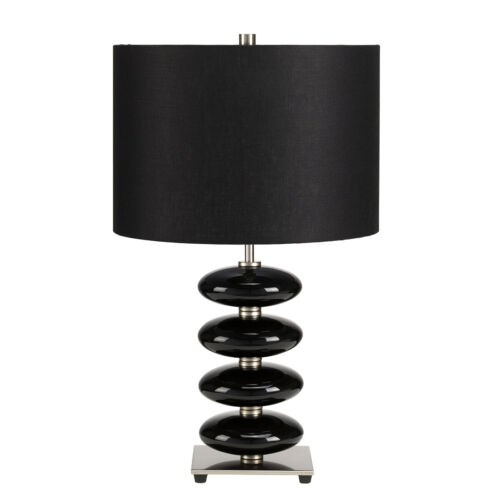 Table Lamp Glazed Ceramic Squashed Orbs Black Faux Linen Shade Black LED E27 60W - Picture 1 of 1