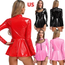 Women's Wet Look Patent Leather Mini Dress Thong Cut Out Long Sleeve Club Dress