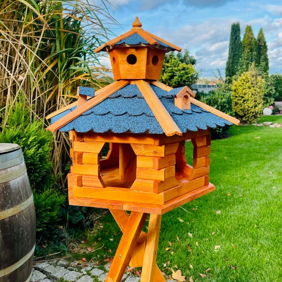 DARLUX Vogel Futter Haus XXL Futterstelle Sechseck Vogelhaus+ Ständer Braun/Blau - Bild 4 von 4