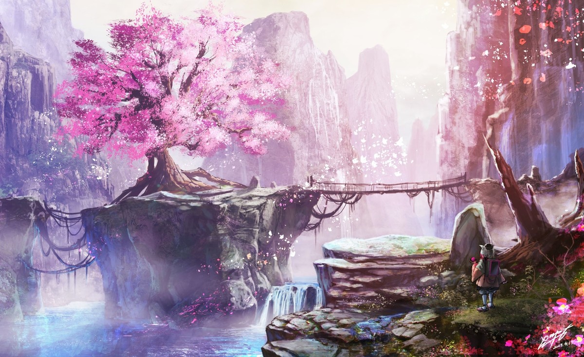 Anime girls cherry blossom fantasy art landscape nature Playmat Game Mat  Desk