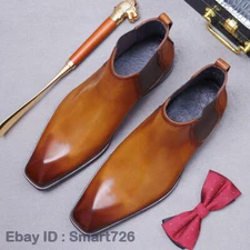  Mens Pull On Chelsea Ankle Boots Real Leather Business Shoes British New Winter