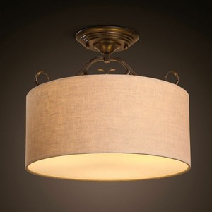 Rusitc Fabric Drum Shape 3 Light Semi Flush Mount Ceiling Lamp