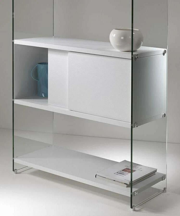 LIBRERIA COMPONIBILE BIFACCIALE IN VETRO TEMPERATO PIANI LEGNO VARI COLORI 90 - Immagine 4 di 4