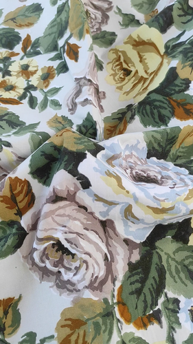 Vintage floral curtain white yellow cabbage roses fabric Quilting sewing craft - Video 1 of 1
