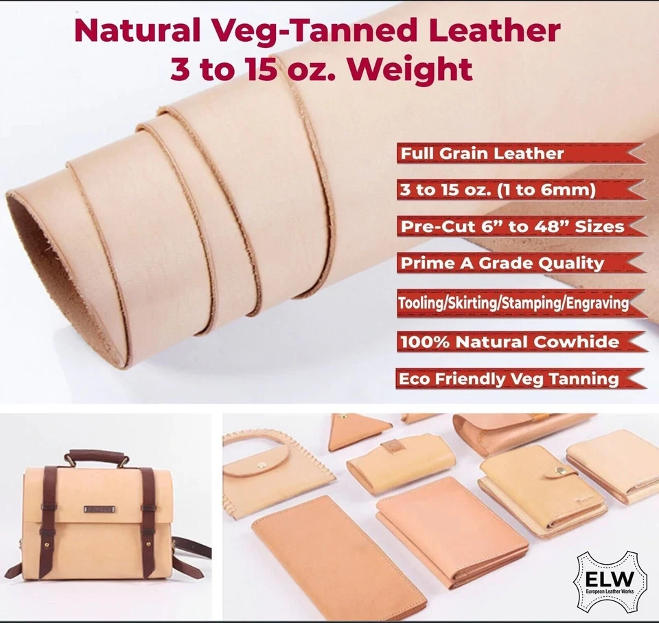 ELW Veg Tan Full Grain Tooling Leather 3/4 to 13/15 oz (1-6mm) Pre-Cut 6" to 48" - Image 3 of 4