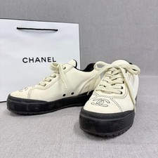 CHANEL Coco Mark Canvas Sneakers, Ivory, Women's, Size 37, From Japan, i29752