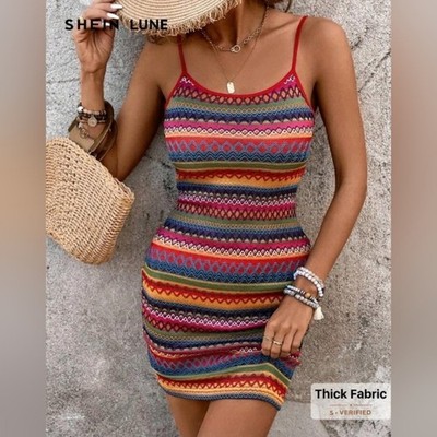 NWT Shein Ladies Multicolor Textured Boho Mini Dress Sz M
