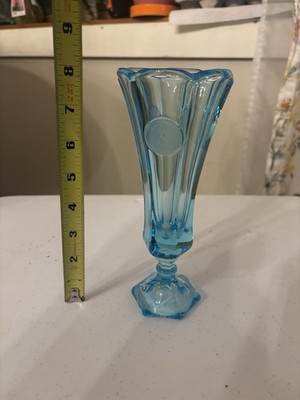 Blue Glass Vase Decorative Glossy Finish Scalloped Edge Hexagonal 7 Inch