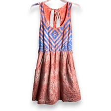 Scrapbook Orange Blue Geometric Crochet Lace Boho Sleeveless Dress USA Large