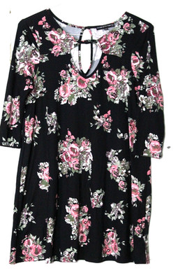 THREE PINK HEARTS KNIT SHIFT DRESS ladies size L black pink floral long sleeve