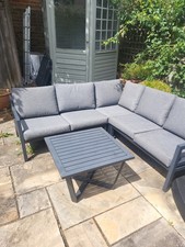 Grey Metal Outdoor Corner Sofa Lounge Set with Grey Cushions & Square Table