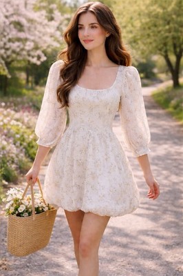 Brock Collection H&M Women's Cottagecore Bubble Hem Puff Sleeve Dress Boho