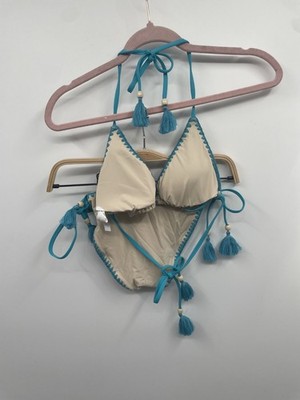 Lucky Brand Marbella Bikini Set Womens Small Beige Embroidered Trim Swimwear NWT