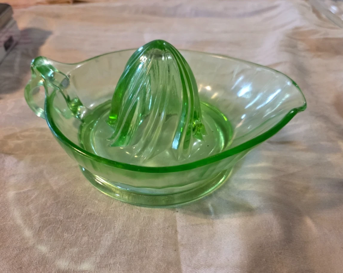 Vintage Uranium Glass Citrus Juicer Reamer Green Depression Glass Handle & Spout