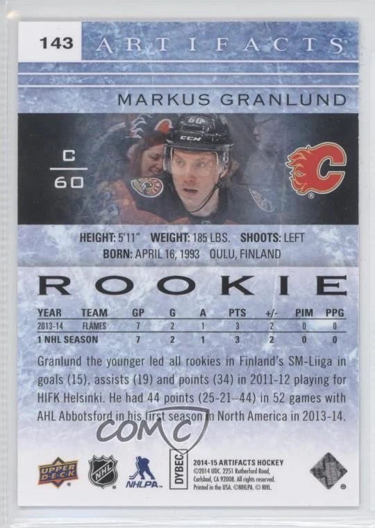 2014-15 Upper Deck Artifacts Rookies Sapphire /85 Markus Granlund #143 Rookie RC - Image 2 of 2