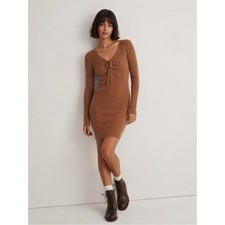 Madewell $128 Tie-Front Ruched Bodycon Mini Ribbed Sweater Dress Tan Small EUC