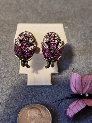 Heidi Daus Climbing Rose Fuschia & Light Pink Crystals Clip On Earrings NWOT
