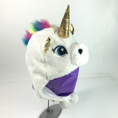 White Unicorn Fleece Lined Girls Hat Ear Flops Gold Horn/Ears Neon Rainbow Mane - Picture 9 of 16