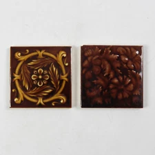 Lot of 2 VTG Salvaged American Encaustic Tile Co AETCo 4x4 Glazed Relief Tiles