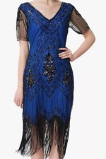 BABEYOND DRESS SIZE XSMALL BLUE & BLACK BEADS FLAPPER 1920’S GREAT GATSBY PARTY