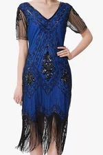 BABEYOND DRESS SIZE XSMALL BLUE & BLACK BEADS FLAPPER 1920’S GREAT GATSBY PARTY