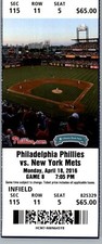 New York Mets vs Philadelphia Phillies 4/18/2016 Ticket Ryan Howard
